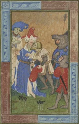 暗殺シーンMs B.11.7、c.1420（羊皮紙にテンペラ、シルバー、ゴールド塗装）