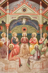 「ペンテコステ」、祈る聖人と聖母マリア、鳩の詳細、1420年頃（フレスコ画）