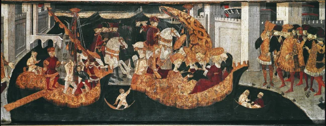 Decameron de Boccaccio (Jean Boccaccio): the Chatelain Periconeは、マヨルカ島でバビロンのスルタンBeminedabの娘Alatielとそのスイートを歓迎する（Pericone da Visalgo welcoming Alatiel daughter of Beminedab, the Sultan of Babylon, on hi.