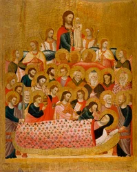 ""La dormition de la vierge"" 聖母の生神女就寝 - Peinture du Maitre de la Madone Cini (1330年頃活動) - 1330年頃 - パネルにテンペラ - 50.3x41.2 - バルセロナ国立カタルーニャ美術館