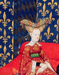 Harl 4431 fol.3 バイエルンのイザボー、フランスの女王 (1371-1435)、Christine de Pisan の詩から、c.1410-15 (ベラム) (53284 の詳細)