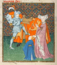 ハーレー 4431、f.135v ヘクトールとアンドロマケの詳細、「女王の書」より Christine de Pizan (ベラム)