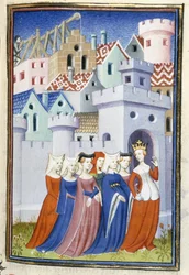 Harley 4431, f.323 クリスティーヌ・ド・ピザンの「女性の図書館」より、正義が女性の街に入る