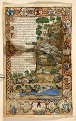 追加。 28841, f.1v: 動物と比喩的なシーンが生息するひし形、ラウンデル、および四つ葉の幾何学的なフルページの境界線: 羊とヤギを見守り、オオカミと戦う羊飼い、国境で馬に乗って立っている赤い悪魔、御馳走から