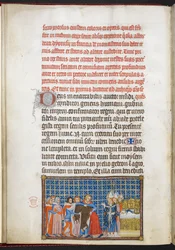 コットン ティベリウス B. VIII f.47v 上着を脱ぐ王、「フランス王シャルル 5 世の戴冠式の書」の挿絵