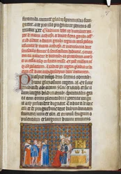 コットン ティベリウス B. VIII f.49r 祭壇に剣を差し出す王、「フランス王シャルル 5 世の戴冠式の本」のイラスト