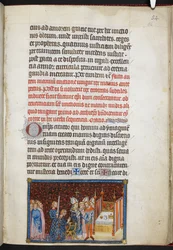 コットン ティベリウス B. VIII f.56r 「フランス王シャルル 5 世の戴冠式の書」よりランス大司教が国王の手袋を祝福
