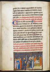 コットン ティベリウス B. VIII f.56v、「フランス王シャルル 5 世の戴冠式の書」より、国王の手に手袋をはめているランスの大司教