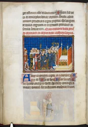 Cotton Tiberius B. VIII f.59v、フランスの貴族たちが王冠を支える、『フランス王シャルル5世の戴冠式書』の挿絵
