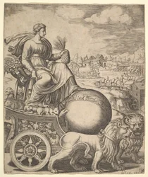 2頭のライオンに引かれた戦車に乗ったサイベレ、1530-60年。