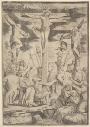 1532年、十字架上のキリストの前で両手を広げた百人隊長の改心。