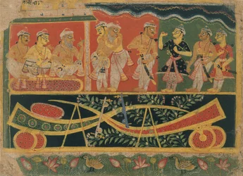 ナンダとヴァスデーヴァ: 分散したバガヴァタ プラーナのページ..., ca. 1520-30。