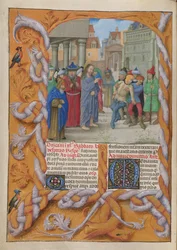 Temporale (1ª porção: do Primeiro Domingo do Advento ao Sábado Santo). Cristo expulsando um demônio mudo (terceiro domingo da Quaresma). Borda e duas colunas de texto, com iniciais.