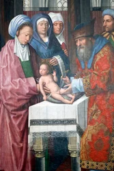 エヴォラ美術館。エヴォラ祭壇画のマスター。キリストの割礼パネルに油彩。フランドル派1500年。ポルトガル。