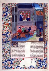 Add.35323 fol.156v 「デカメロン」の第 1 章第 X 巻より、川を渡るルッジェーロとその仲間 (1475 年頃) (ベラム)