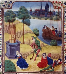 追加 35322 fol.227v ジョヴァンニ ボッカチオ (1313-75) の「デカメロン」、1475 年頃 (ベラム) からのエフィゲニアとシモーネ