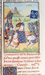 ハーレー 4380 fol.196v フランスのシャルル 6 世 (1366-1422) は、ジャン・フロワサール (c.1333-1404) による「フロワサールのクロニクル」の第 2 巻第 IV 部から、カレーに対する遠征を率いる (ベラム)