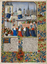 バイエルンのイザボー、「The Harley Froissart」のイラスト、1470〜72年頃（羊皮紙にインクと金）
