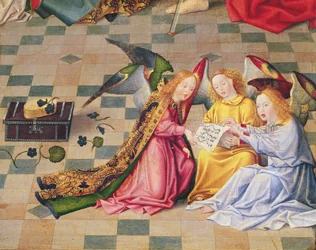 聖母の七つの喜びの祭壇画の右側のパネルにいる天使のミュージシャン、1480年頃（木に油彩）（215399の詳細）