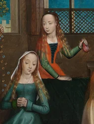 聖ニコラスの祭壇画からの聖ニコラスの慈善の詳細、c.1486-93（パネルに油彩）