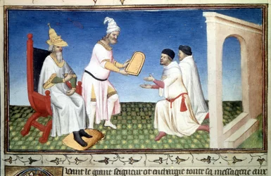 マルコとマッフェオ・ポーロがクビライ・ハンから贈り物を受け取る。マルコ・ポーロ（1254-1324）著『驚異の書』（『世界の記述』、『イル・ミリオーネ』）所収の細密画（写本2810、3葉裏）、マザランの画家による彩飾、1410-1412年頃