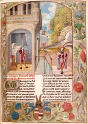 ハーレー 4425、fol.7 眠っている恋人、上昇し、愛の庭に行く、ギヨーム・ド・ロリスとジャン・ド・メンによる「ロマン・ド・ラ・ローズ」から、c.1490-1500（ベラム）