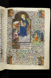 MS 62 f.20r、聖カタリナはブルターニュのイザベルを聖母子に贈る、イザベルスチュアートのために書かれたフランスのホラエから、ブルターニュ公フランシスIへ、c.1445-50