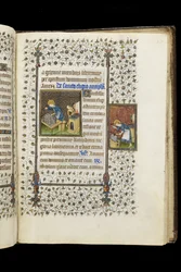 Ms 62f.215r聖エリギウスが神社を建てる。時祷書からのアンビルの聖エリギウス、c.1445-50（ベラム）
