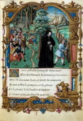 ナバラ王妃マルガリータ・アングレマ（1492-1549）の礼儀正しい愛の場面を表現したもの。マルグリット・ダングレームの手稿「恋の歌」のページをローハンの師匠が作成したもの。