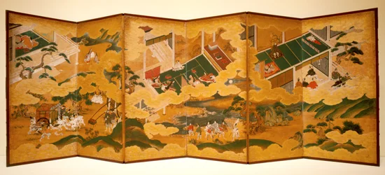 源氏物語、1650年頃（紙にインク、色、金箔、六面屏風）
