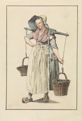 くびきに 2 つのバスケットを持つ農民の女性