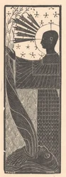 立っている姿と口を開けた男性の頭 12枚の木版画（連載タイトル）
