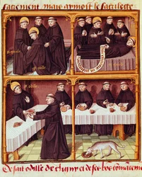 Refectoire de monines ミニチュア Vincent de Beauvais (1184/94-1264) による写本 "Speculum historiale" (ms. 1196, fol. 141 v.) を、巨匠 Francois (15世紀) が盛り上げたもの。シャンティ、コンデ美術館