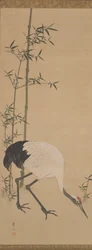 鶴竹松 江戸時代（絹本水墨）