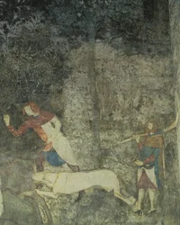 犬と狩りをする男性、La Chambre du Cerf Stag Room 1347フレスコ画の装飾スキームの詳細