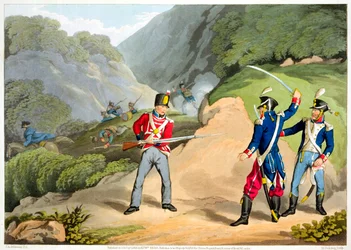 ピレネーの戦いで二人のフランス人将校を連れて行くイギリス人兵士」1813年 1816年