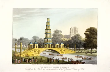 1814 年にロンドンのセント ジェームズ パークに建立された中国の橋とパゴダ