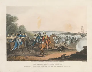 1815 年 6 月 18 日、ワーテルローの戦いの終わりに重騎兵の突撃を指揮している間に負傷したアングルシー侯爵