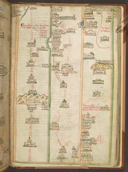 マシュー・パリスの『Liber additamentorum』に掲載された、ロンドンとナポリを結ぶ旅程図。