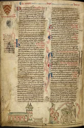 Royal 14C VII、f.138v ウェストミンスター寺院と聖エドワード神殿。 右、リヨン公会議での教皇インノケンティウス 4 世、「Historia Anglorum」のイラスト