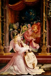 イッセンハイム（またはイゼンハイム）の祭壇画。"La Nativite" 天使の音楽家たちのコンサートの詳細。中央の天使はガンバ・ヴィオラを演奏している。マティス・ネイタルド・ゴタール（Matthias Grunewald）（1480-1528）（ec.all.）によるパネル 1512-1516 Dim.265x304 cm Col