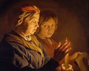 ろうそくの光に照らされた老婆と少年 1630-1650年
