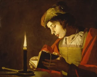 ろうそくの明かりで読む若い男性、1630年頃