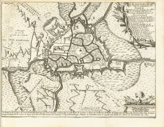 ベレグ ヴァン ゲント、1708 年 1708 年 12 月 22 日に連合国軍によって包囲されたヘント市と城塞の包囲と攻撃の地図、マールバラ公と公爵の指揮の下 (オブジェクトのタイトル)