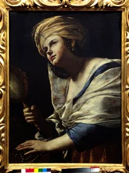 ターバンと鏡を持つヴァナイトの女性 - マッティア・プレティ（1613-1699）の絵画 17世紀 フィレンツェ、ウフィッツィ美術館蔵