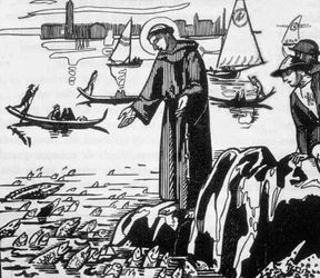 St Francis of Assisi preaching to fishes in Rimini, engraved by Jacques Beltrand after drawing by Maurice Denis   1457098   ja       japanese Successfully Translated  Original: Untitled (colour woodcut) Translat: Untitled (colour woodcut) 1456084 ja japane