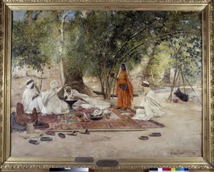 ホスピタリティの食事。アルジェリア、ビスクラ近郊のチェルマのオアシスに住むアラブ人の生活風景。モーリス・ボンパール（1857-1936）による絵画 1891年（油彩・キャンバス