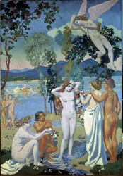 プシュケの物語（パネル1：プシュケの美に打たれるエロス）。 モーリス・ドニ (1870-1943) の絵画