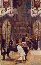 1907年に出版されたドナルドA.マッケンジーの「エジプトの神話と伝説」のイラスト、王になった農民の物語からの少女の妻とバタ牛