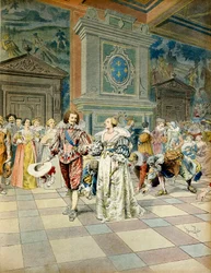 フランスの歴史フランスの宮廷にいたバッキンガム公ジョージ・ヴィリアーズ（1592-1628）は、宮廷人の足下に真珠を蒔いていた。モーリス・ルロワール（1853-1940）による "リシュリュー "のイラスト